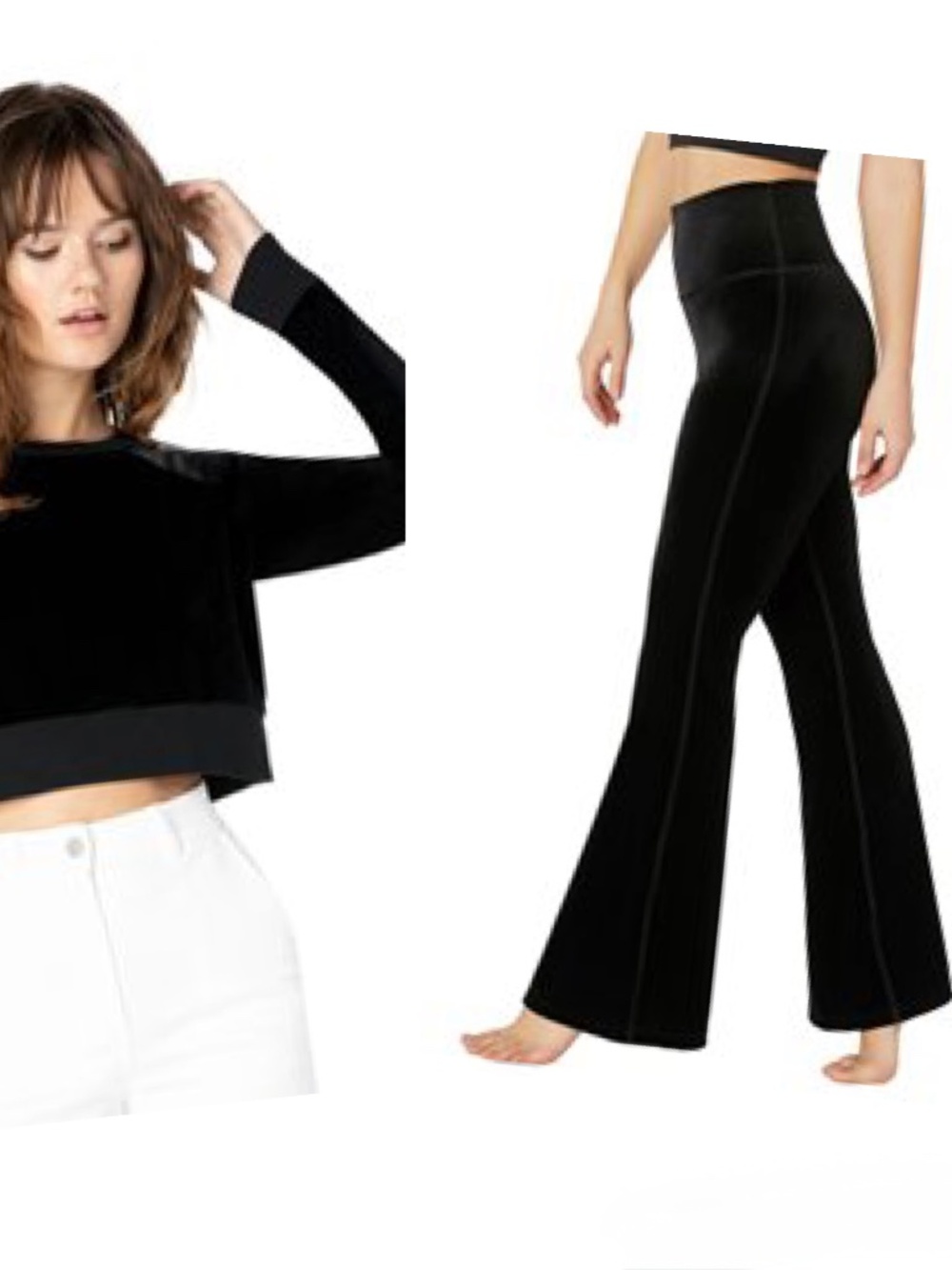 Beyond Yoga Velvet Bell Yoga Pants & Cropped Velvet Pullover Black Top - M
